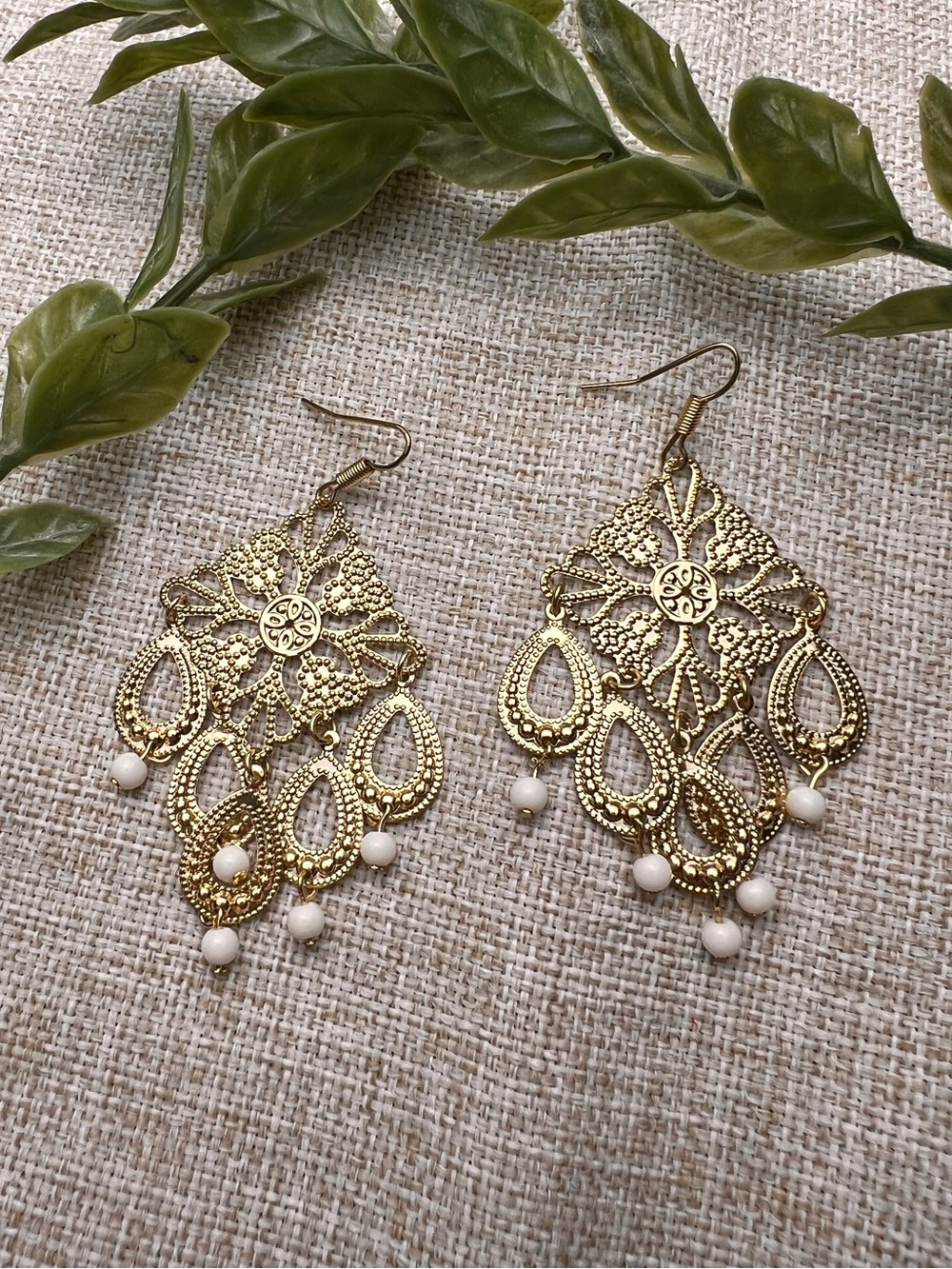 VINTAGE Gold Boho Filigree Chandelier Dangly Earrings with White Beads